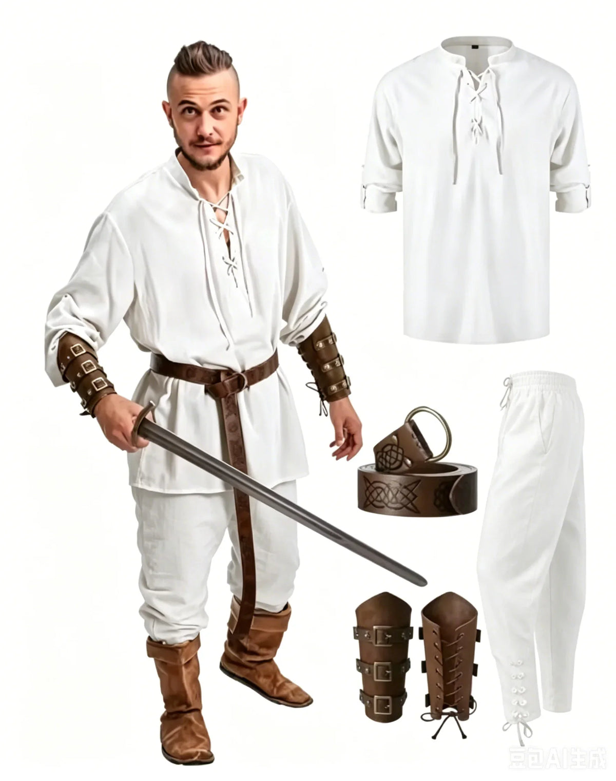 Homme Ensemble Chemise Pantalon Médiéval Halloween Cosplay Ceinture Viking