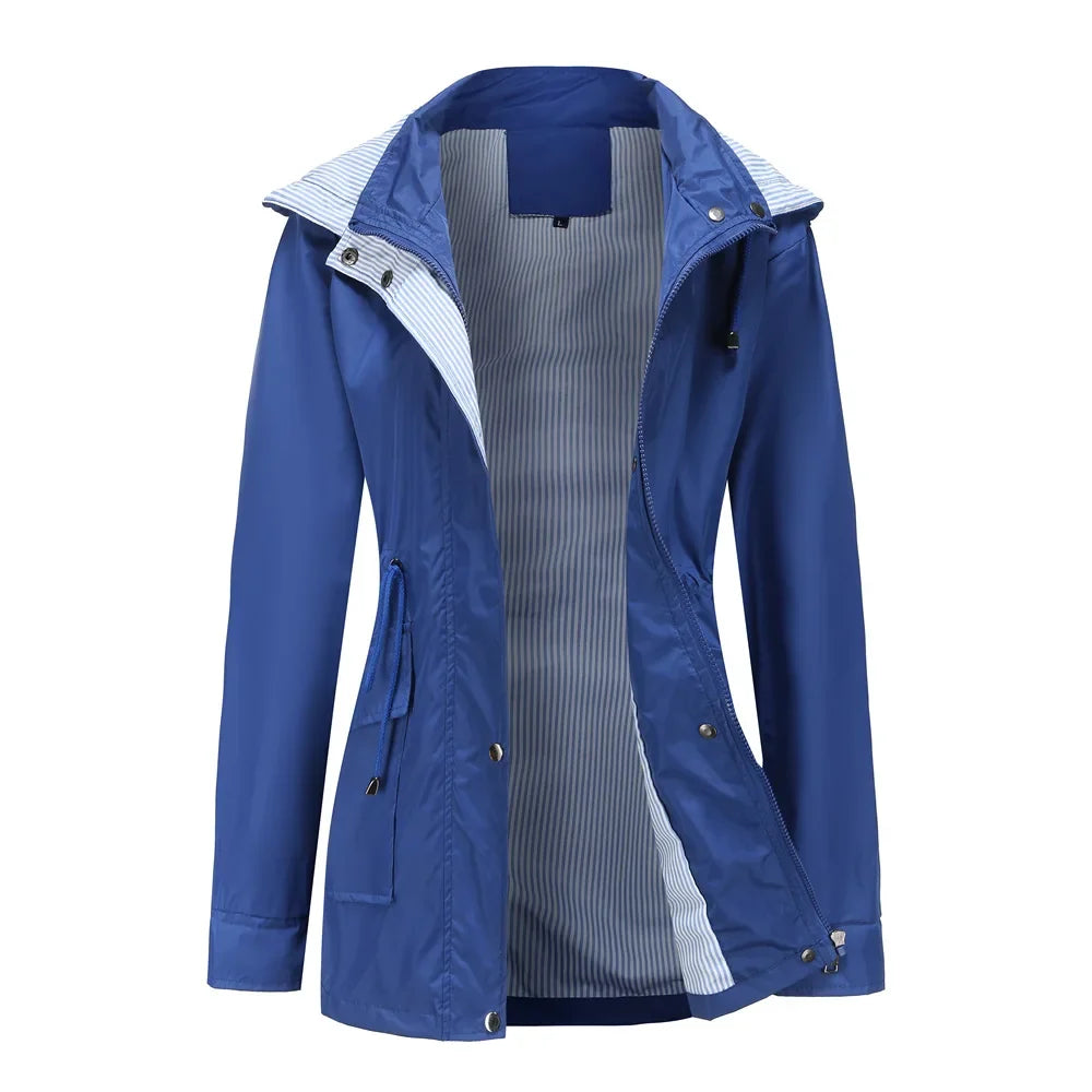 Women's Hooded Trench Coat Water-Resistant Striped Lining
