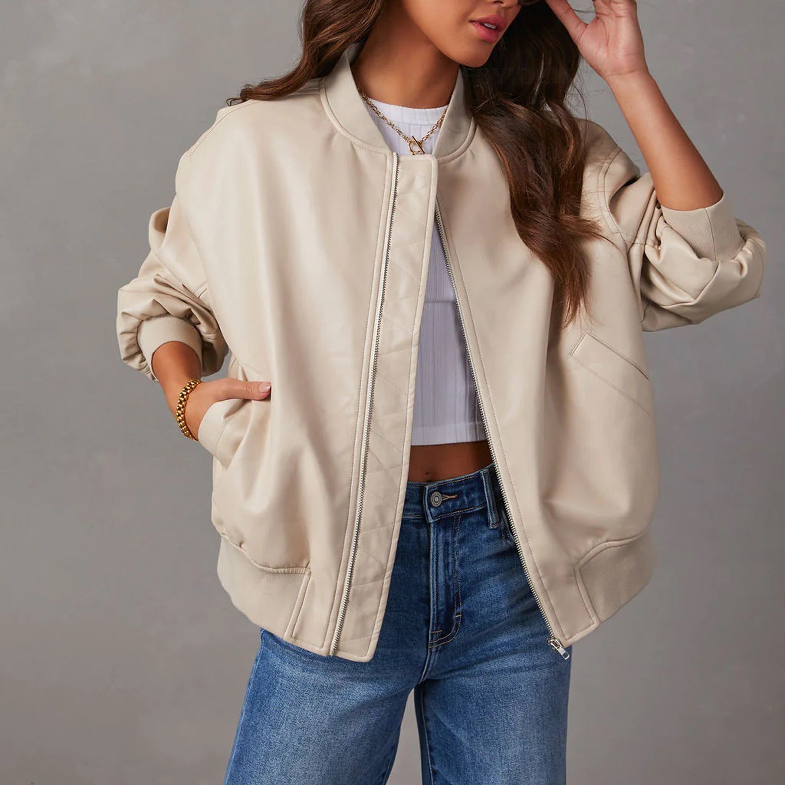 Cazadora bomber de piel sintética para mujer, con cremallera y puños acanalados