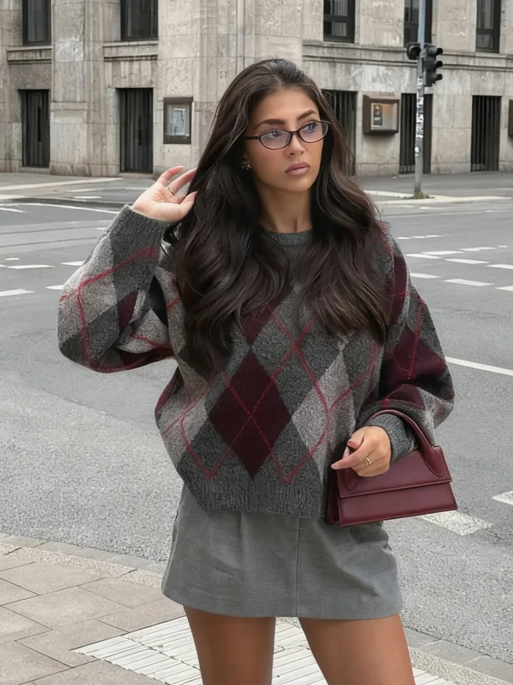 Women's Argyle Sweater Cotton-Blend Diamond Pattern