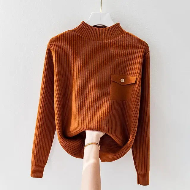 Women's Ribbed Sweater Mock Neck Button Flap Pocket