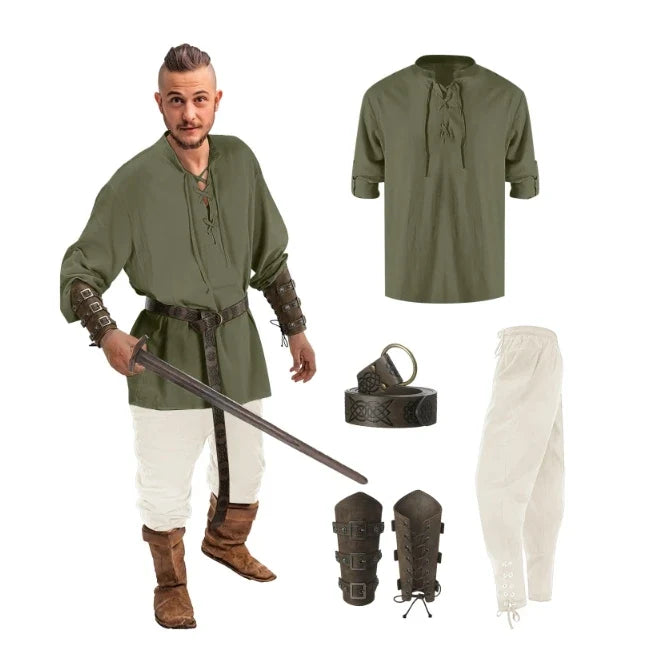 Homme Ensemble Chemise Pantalon Médiéval Halloween Cosplay Ceinture Viking