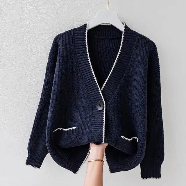Women's Cardigan Front Pockets Trim-Lined Edges