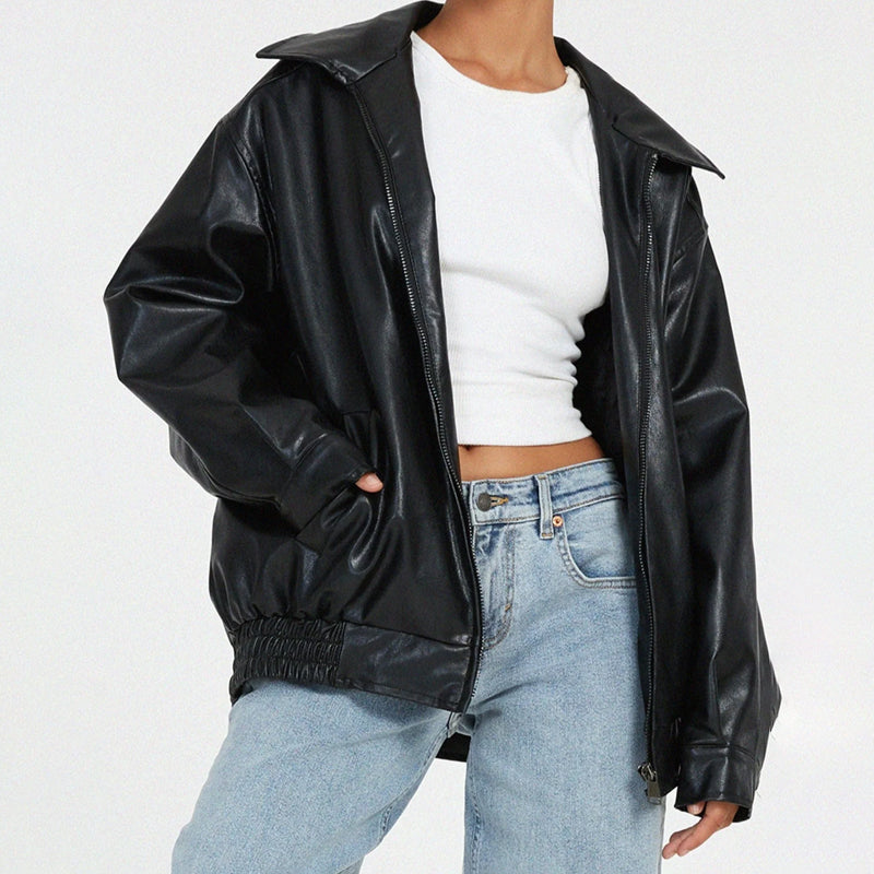 Women's Faux Leather Bomber Jacket Oversized Zip-Front