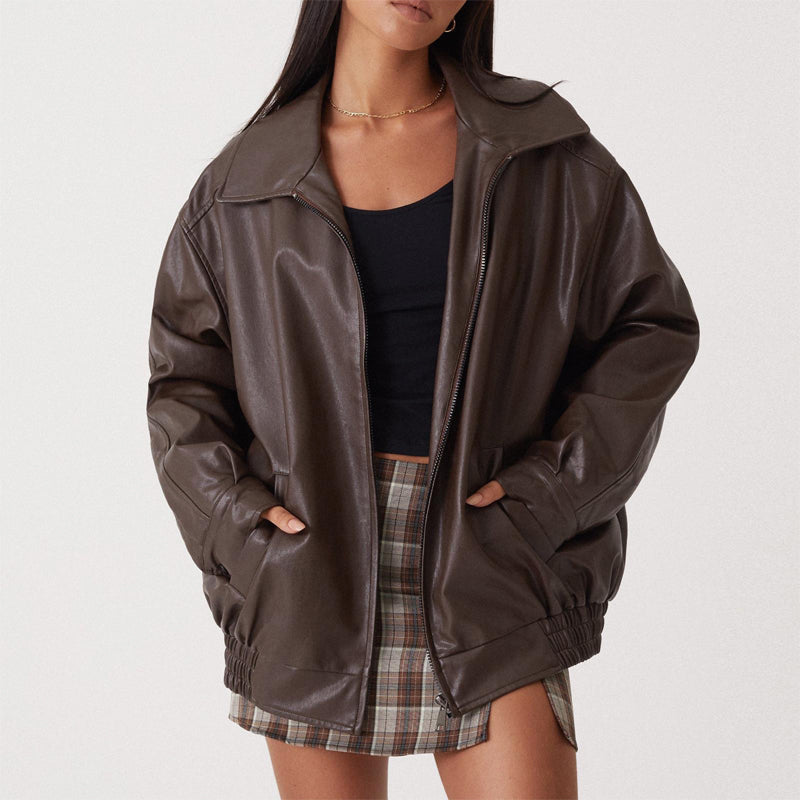 Chaqueta bomber de cuero sintético para mujer, corte extragrande y cremallera frontal