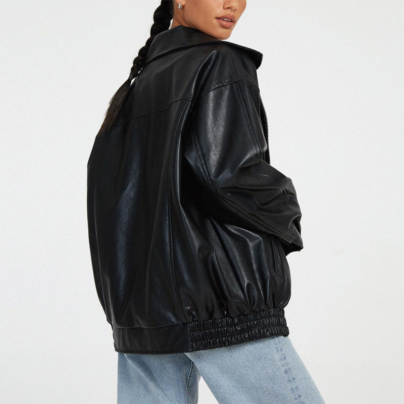 Women's Faux Leather Bomber Jacket Oversized Zip-Front