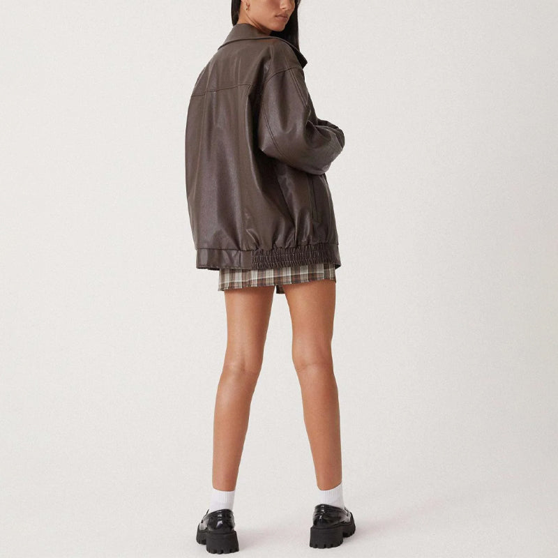 Women's Faux Leather Bomber Jacket Oversized Zip-Front