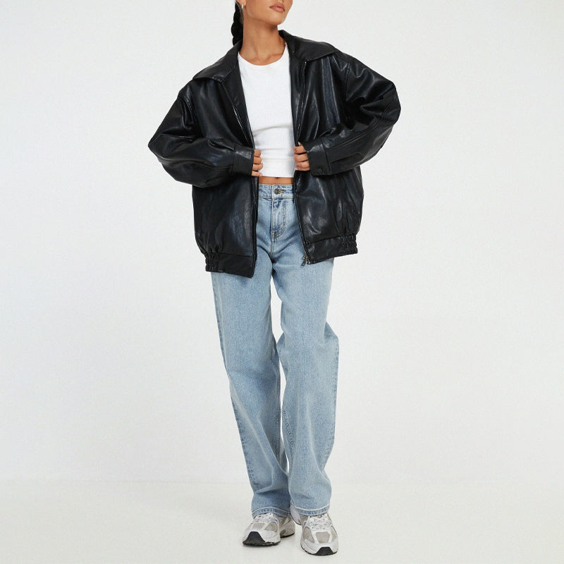 Women's Faux Leather Bomber Jacket Oversized Zip-Front
