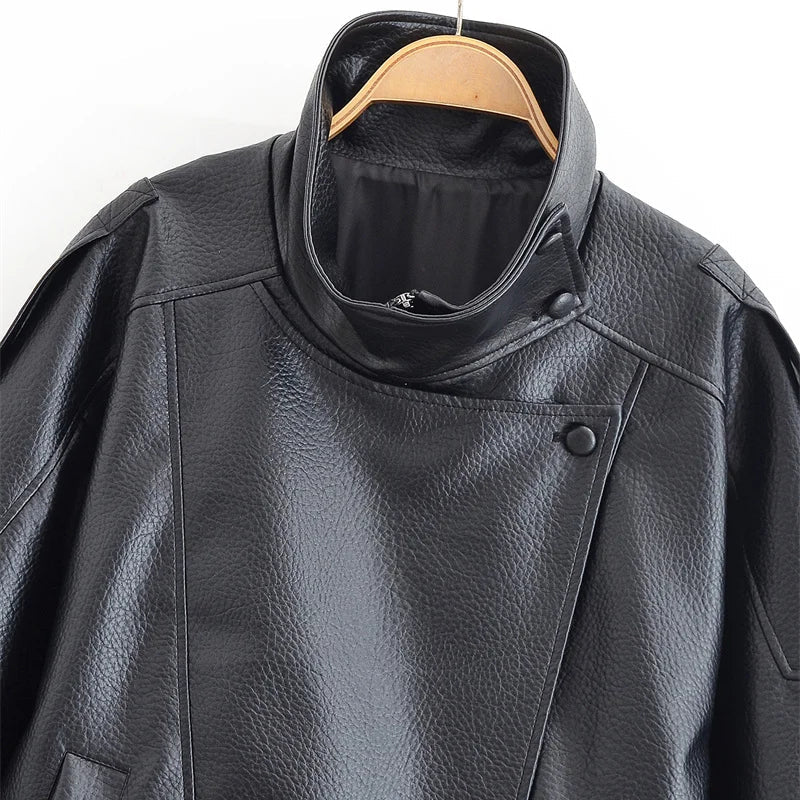 Women's Faux Leather Jacket Motorcycle Cut Long Sleeve