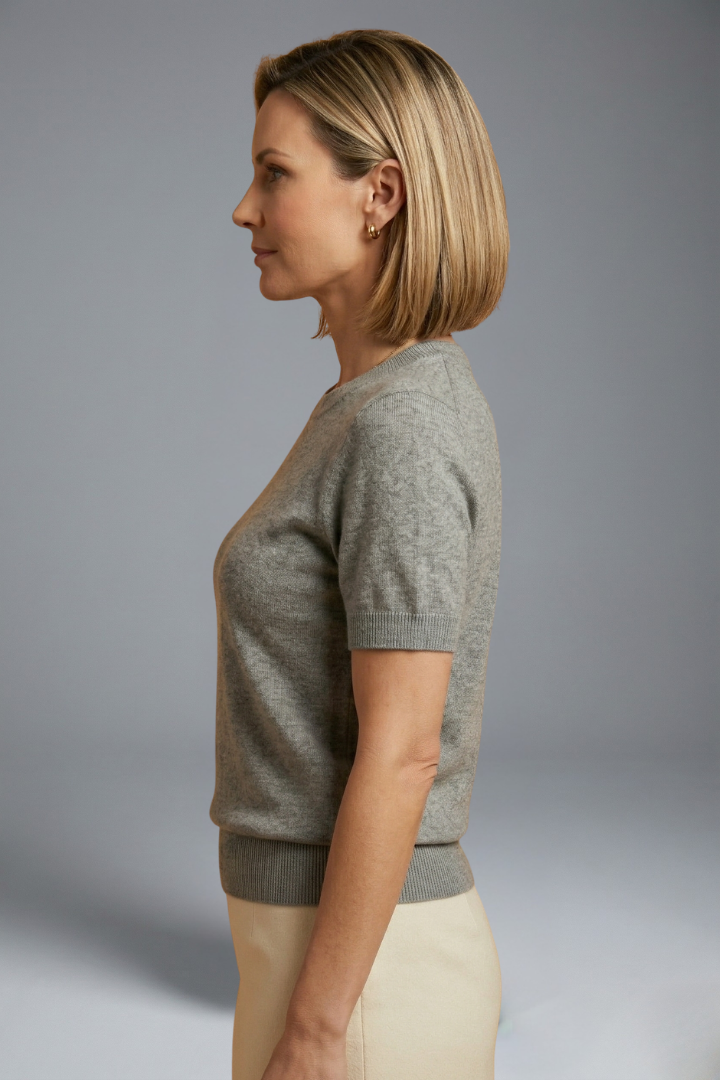 Top de punto para mujer con cuello redondo y bajo acanalado