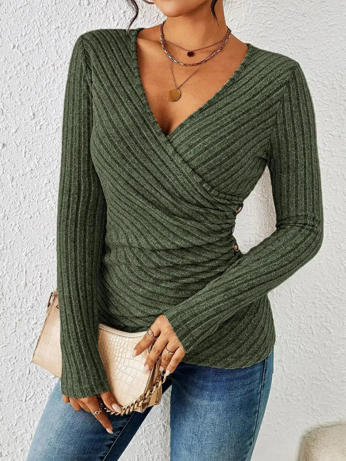 Women's Ribbed Wrap Top V-Neck Ruched Long Sleeve