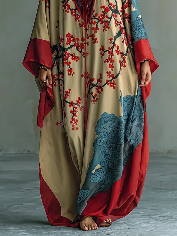 Vestido largo japonés de flor de ciruelo rojo con mangas murciélago y estampado
