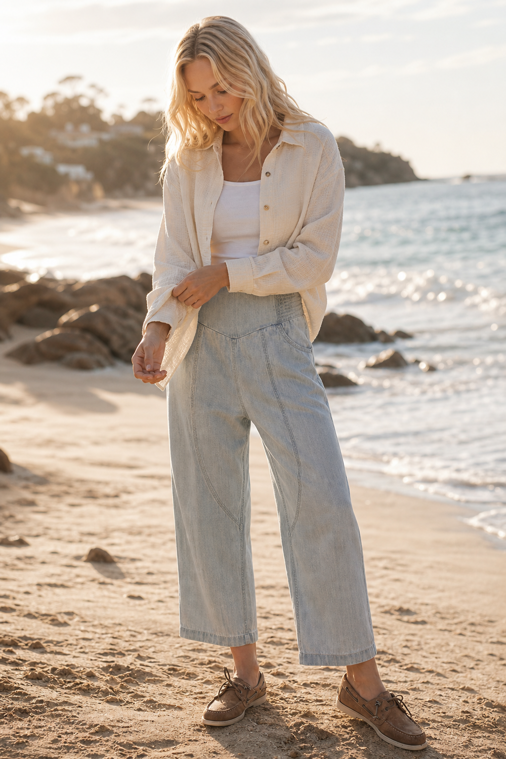 Pantalon en denim à jambes larges pour femme, coutures incurvées, taille extensible
