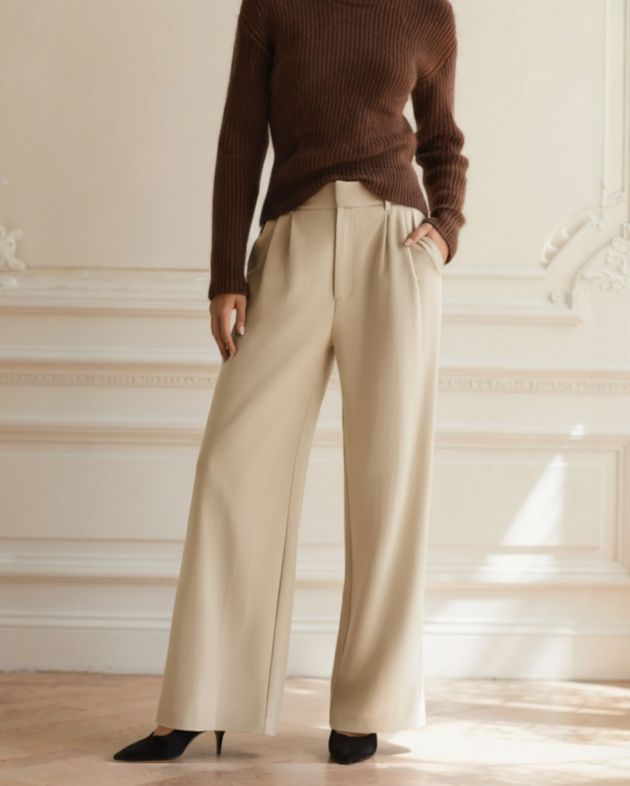 Pantalón de vestir de pernera ancha para mujer, cintura estructurada y caída fluida