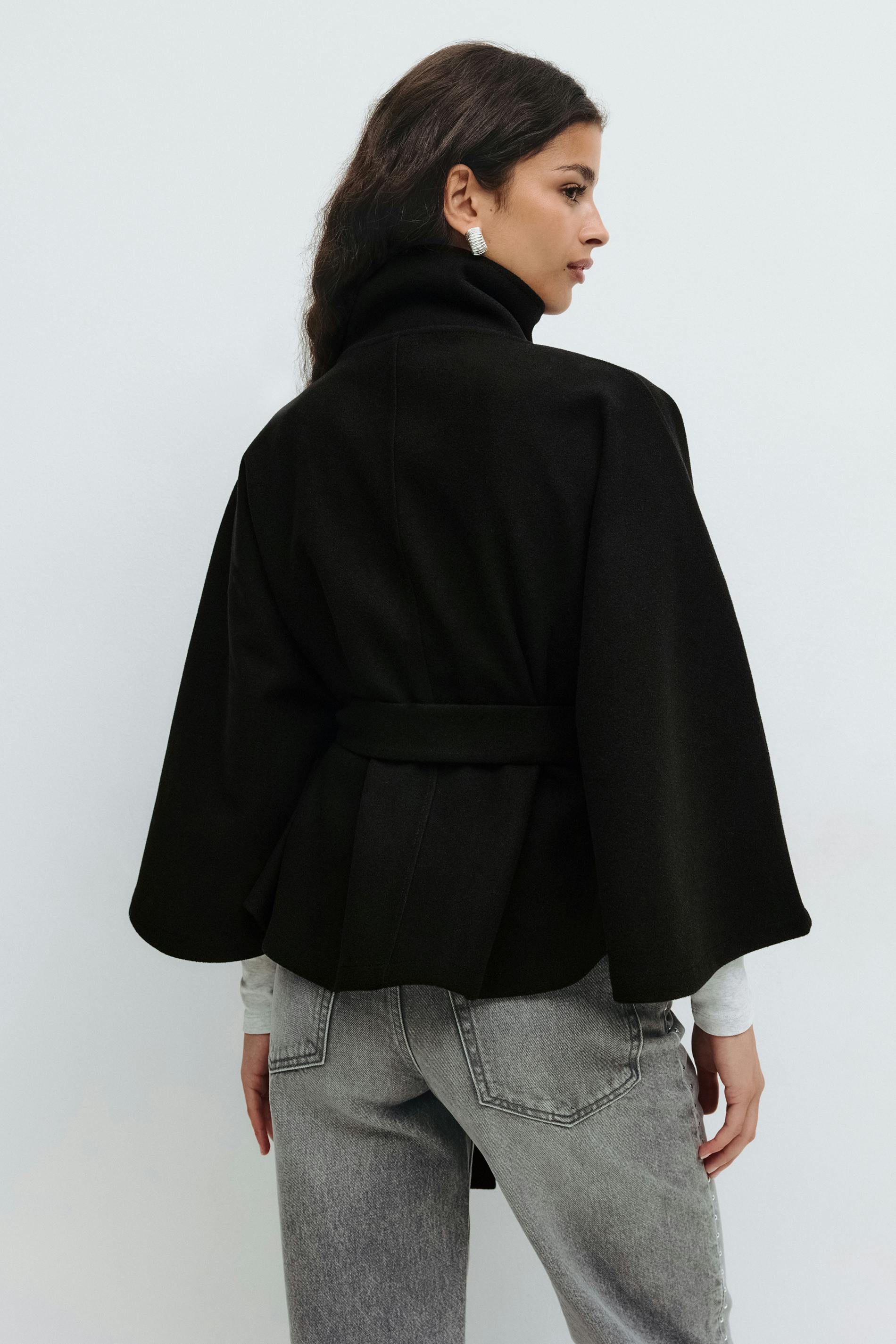 Women's Cape Coat High Neck Tie Belt Loose Silhouette