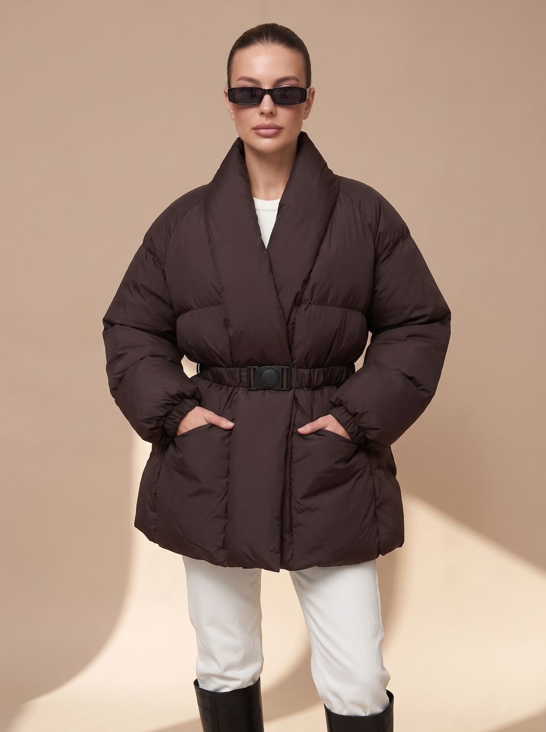 Women's Down Jacket with Buckle Belt and High Collar