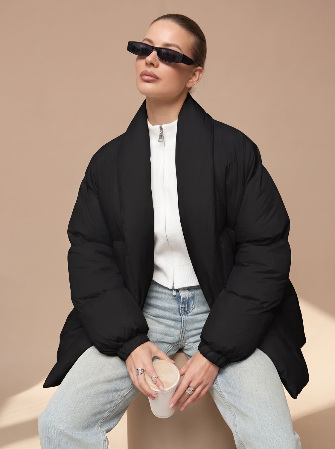 Women's Down Jacket with Buckle Belt and High Collar