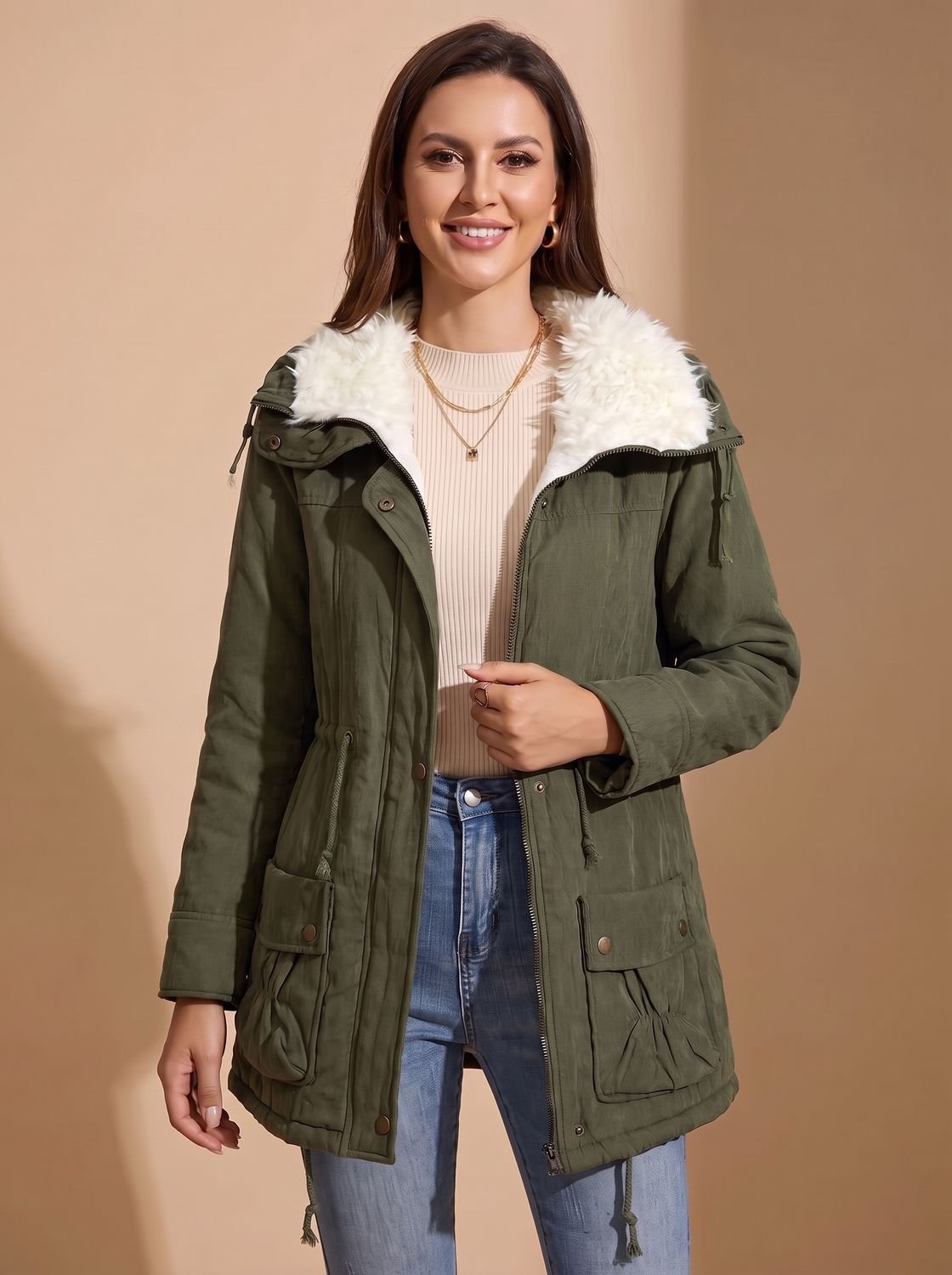 Women's Mid-Length Parka with Faux Fur Collar