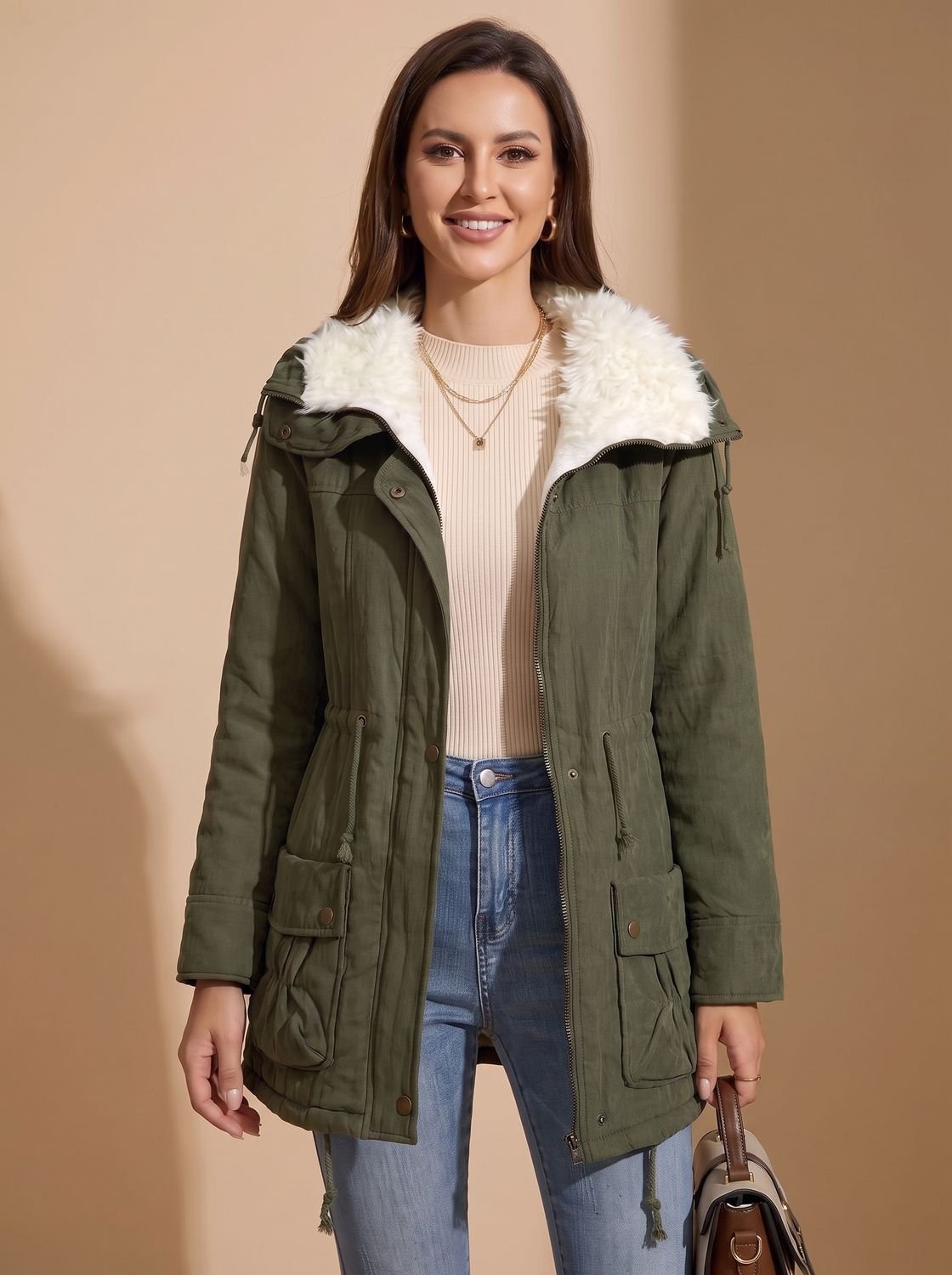 Women's Mid-Length Parka with Faux Fur Collar