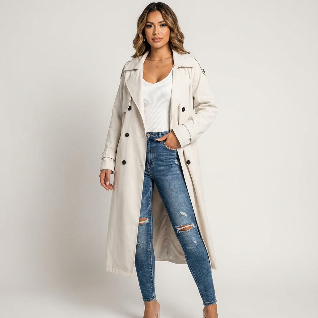 Women's Long Casual Trench Coat with Button Front