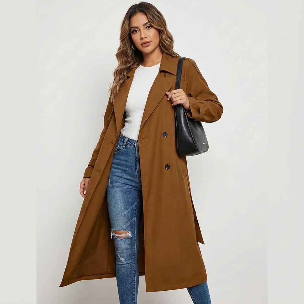Women's Long Casual Trench Coat with Button Front