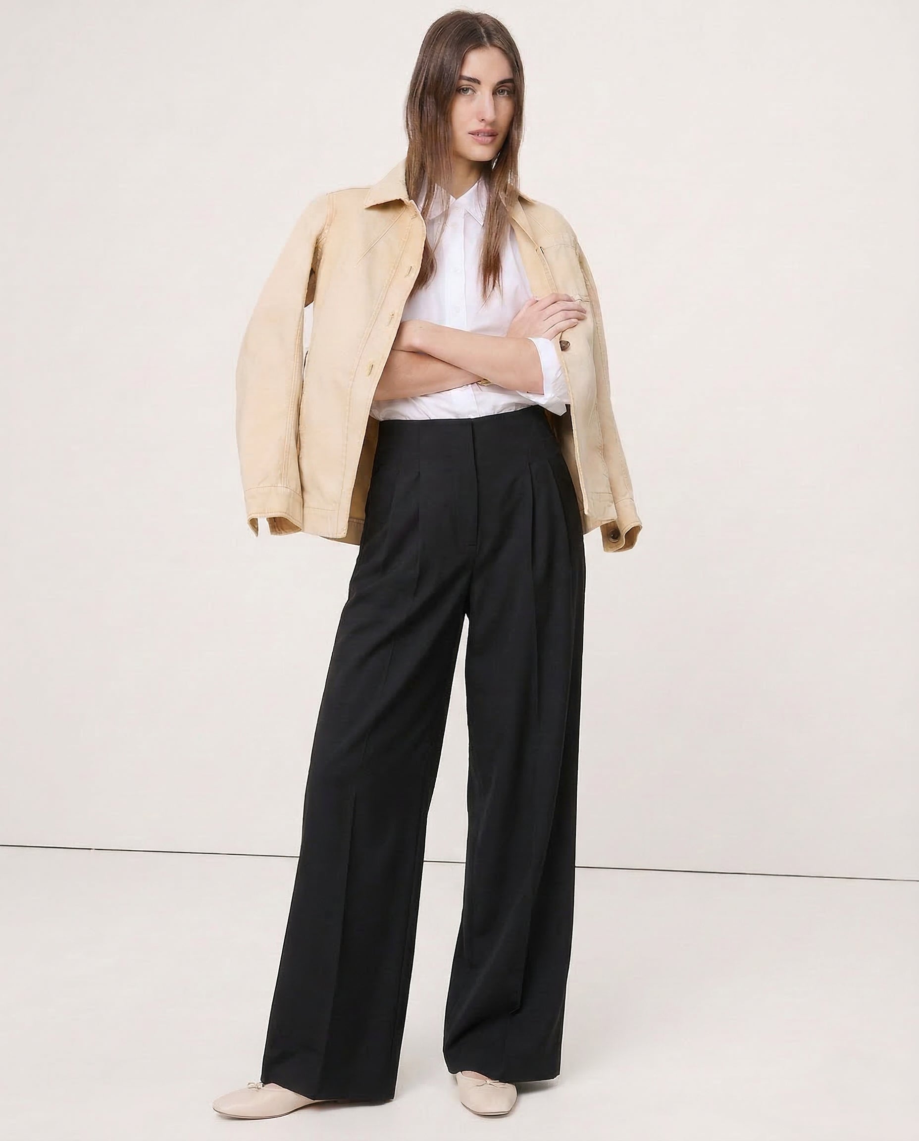 Pantalon en coton à jambes larges pour femme, taille haute, drapé fluide