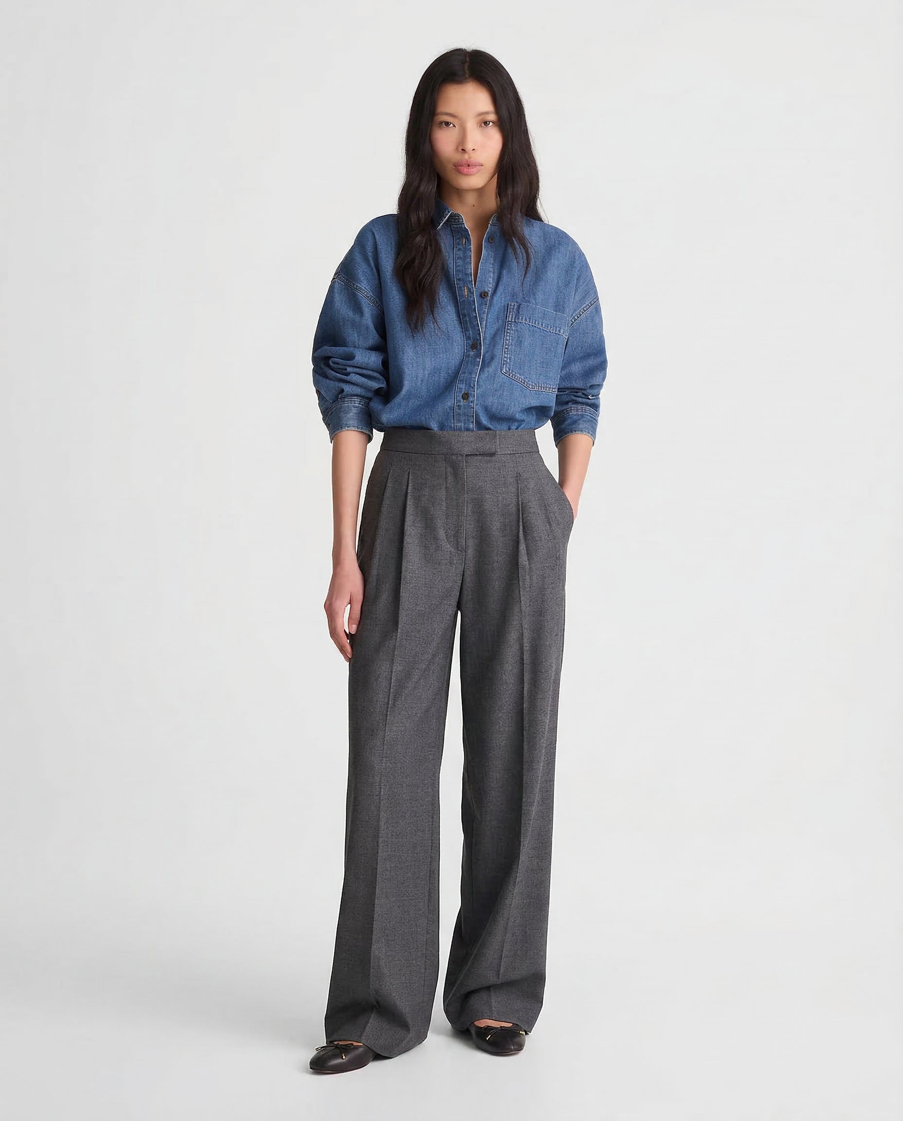 Pantalon en coton à jambes larges pour femme, taille haute, drapé fluide