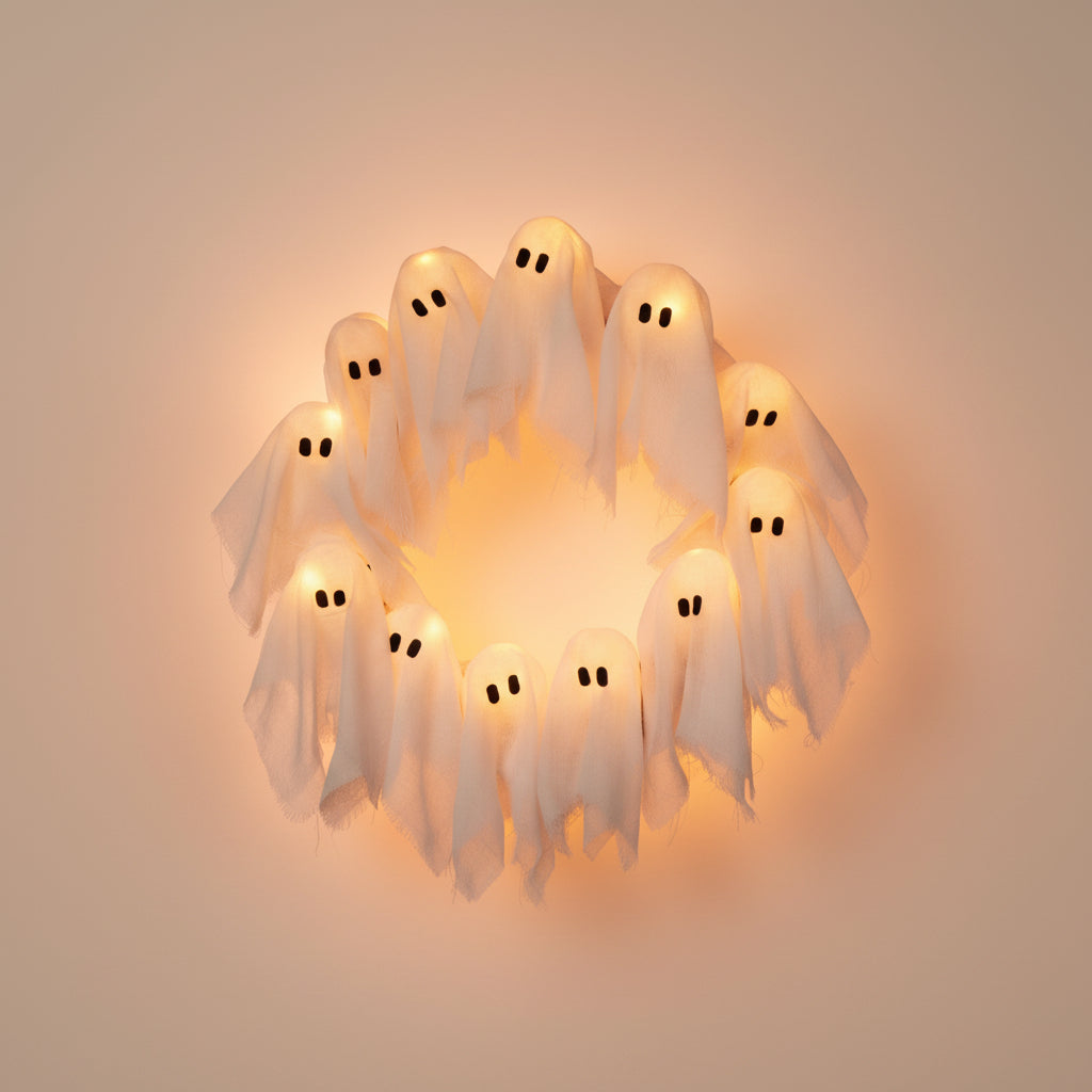 LED Ghost Wreath Halloween Door Decoration Light-Up