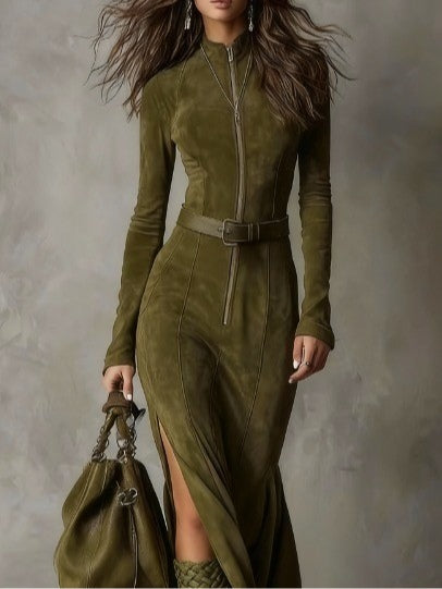 Women's Maxi Dress Suede removable waist belt