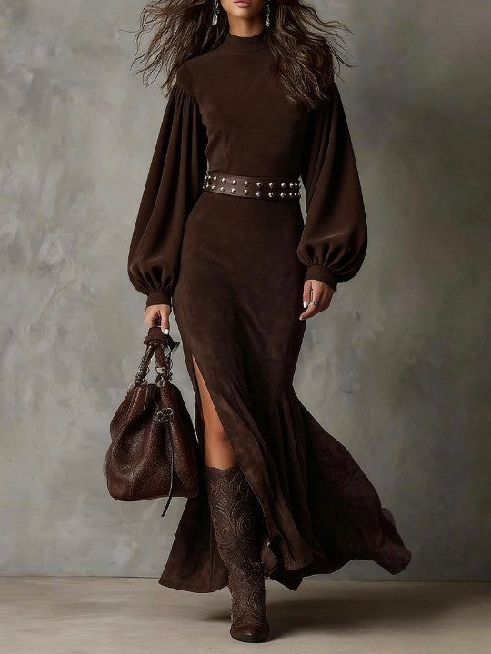 Abito midi da donna in camoscio con cintura in vita removibile