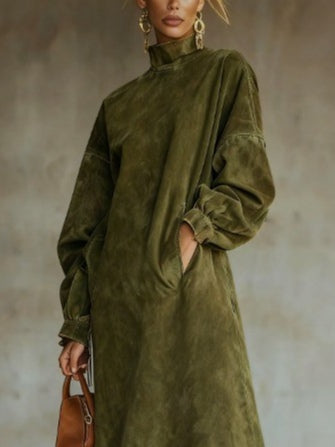 Women's Midi Dress Suede puff sleeves