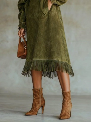Women's Midi Dress Suede puff sleeves
