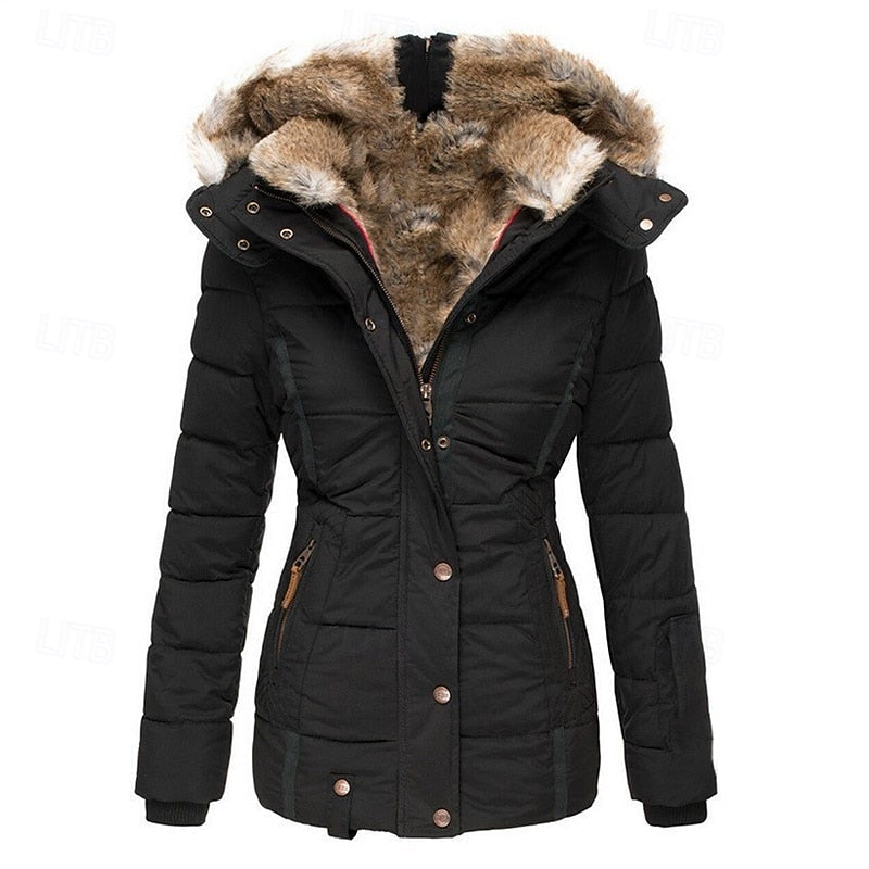 Women's Quilted Coat with Removable Hood and Fitted Waist