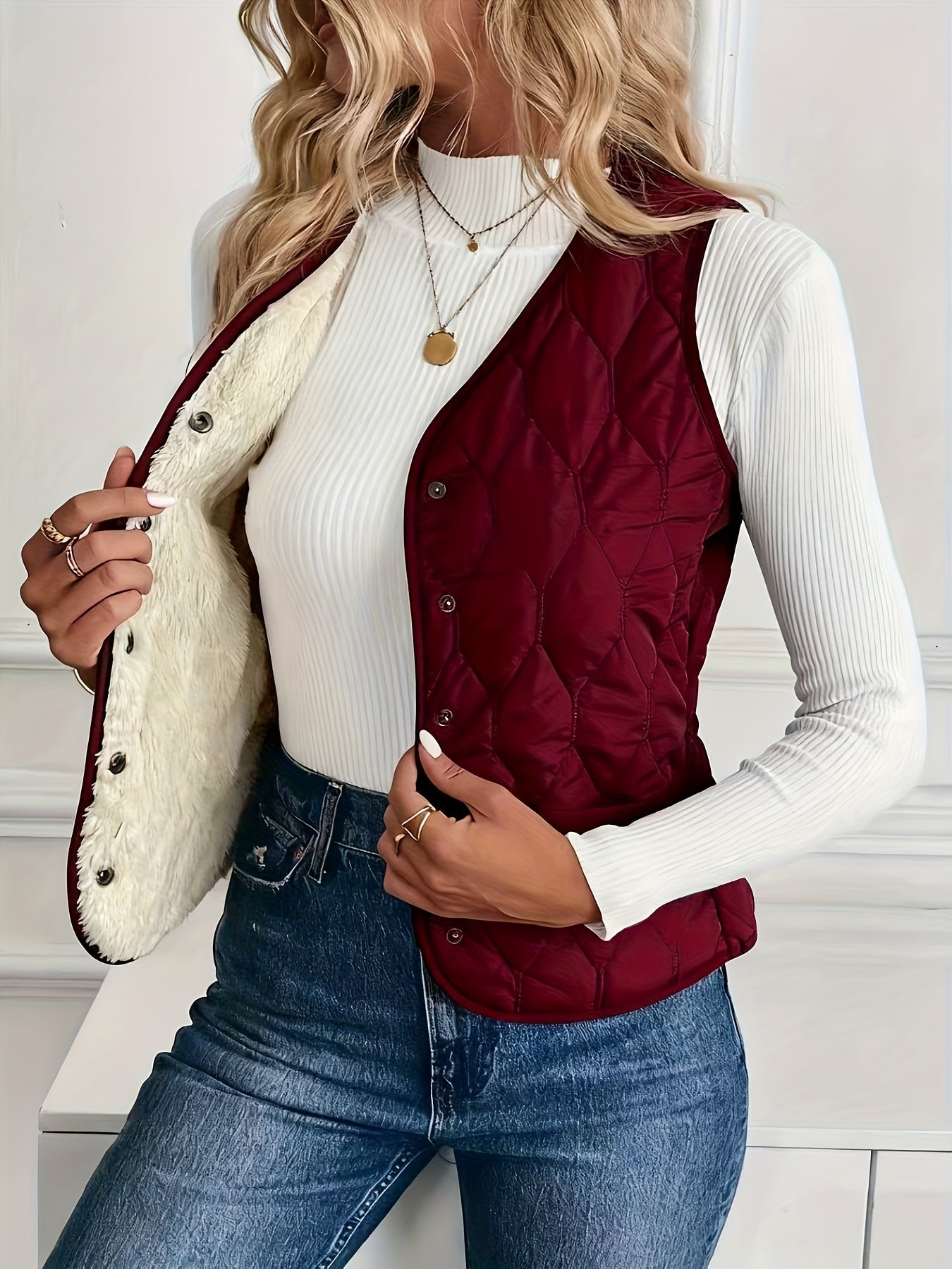 Women's Quilted Bomber Vest Diamond Quilt Sherpa Lining