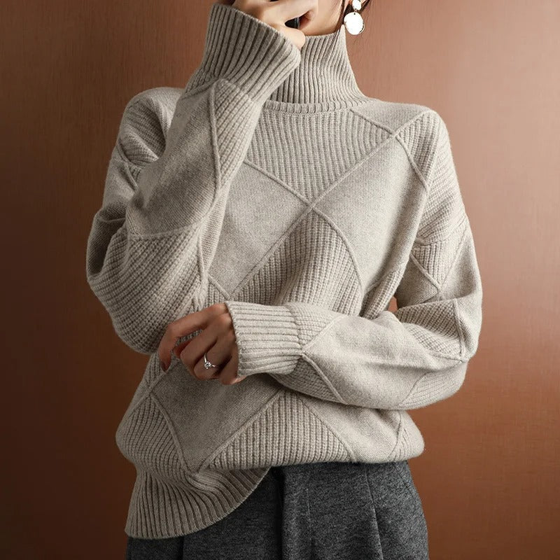 Women's Turtleneck Sweater Diamond Pattern Hand-Knit