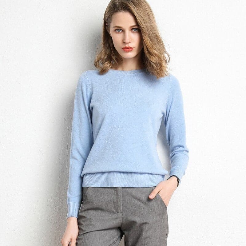 Women's Cashmere-Blend Sweater Round Neck Ribbed Trims