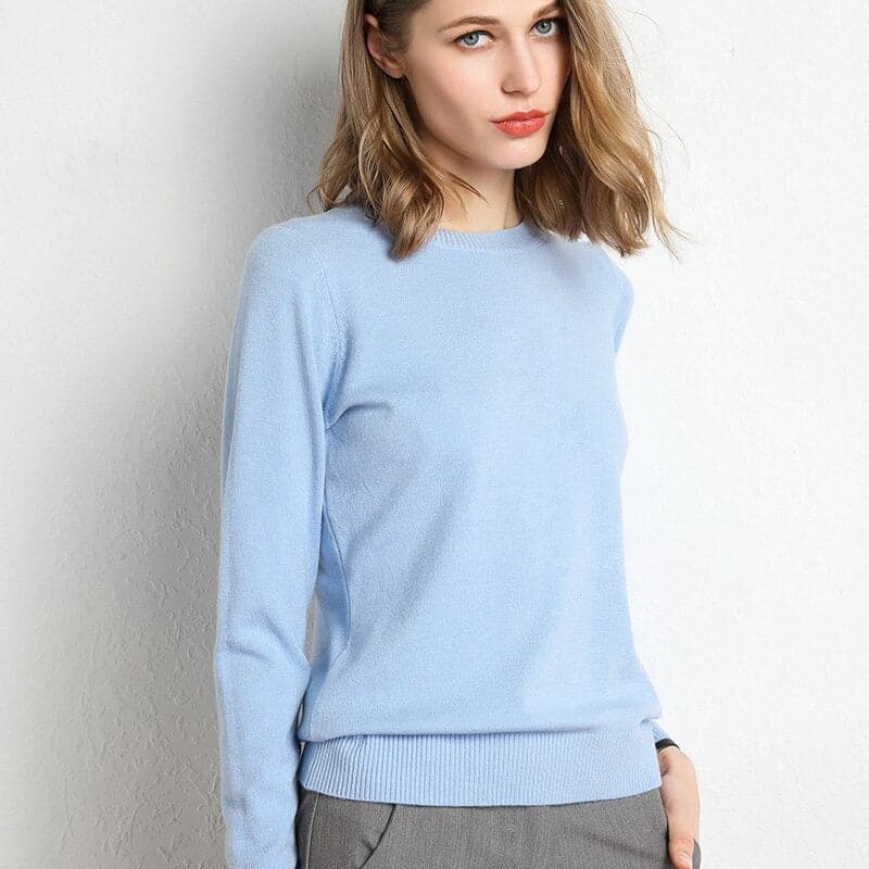 Women's Cashmere-Blend Sweater Round Neck Ribbed Trims