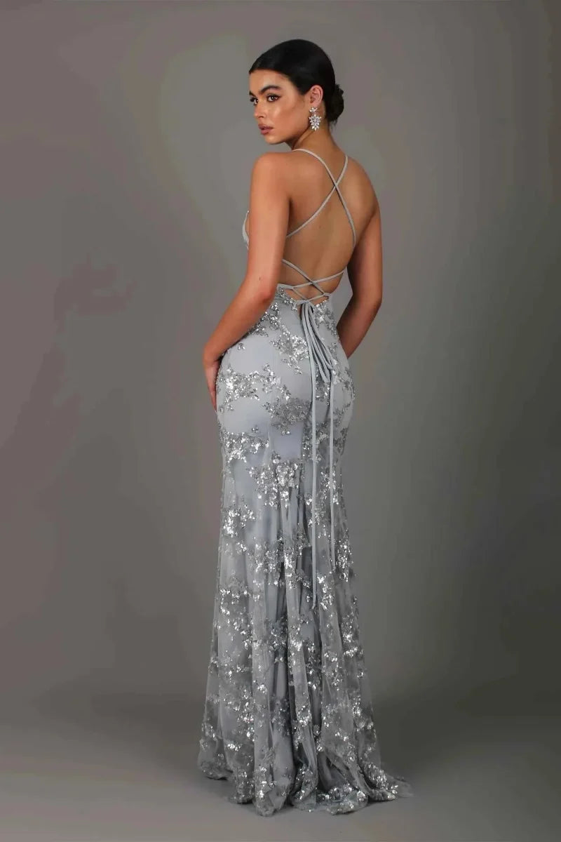 Women's Floor-Length Sequin Evening Dress Deep Back