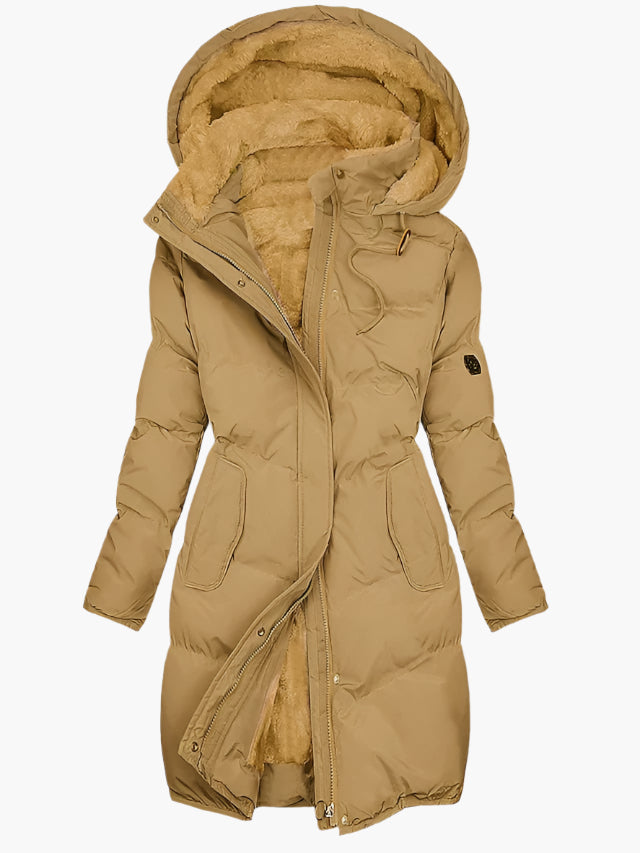 Cappotto invernale lungo da donna con cappuccio in ecopelliccia