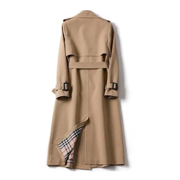 Women's Long Trench Coat with Double Button Closure