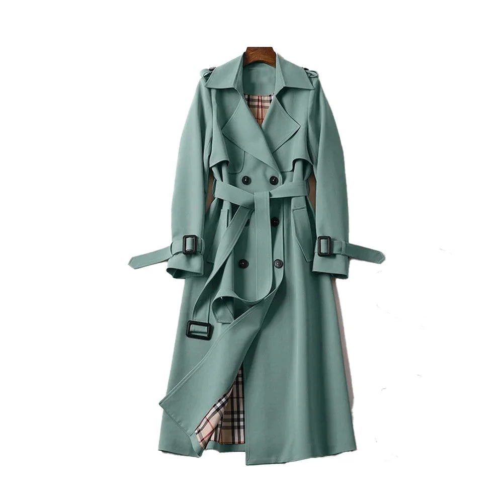 Women's Long Belted Trench Coat Lapel Classic Elegant