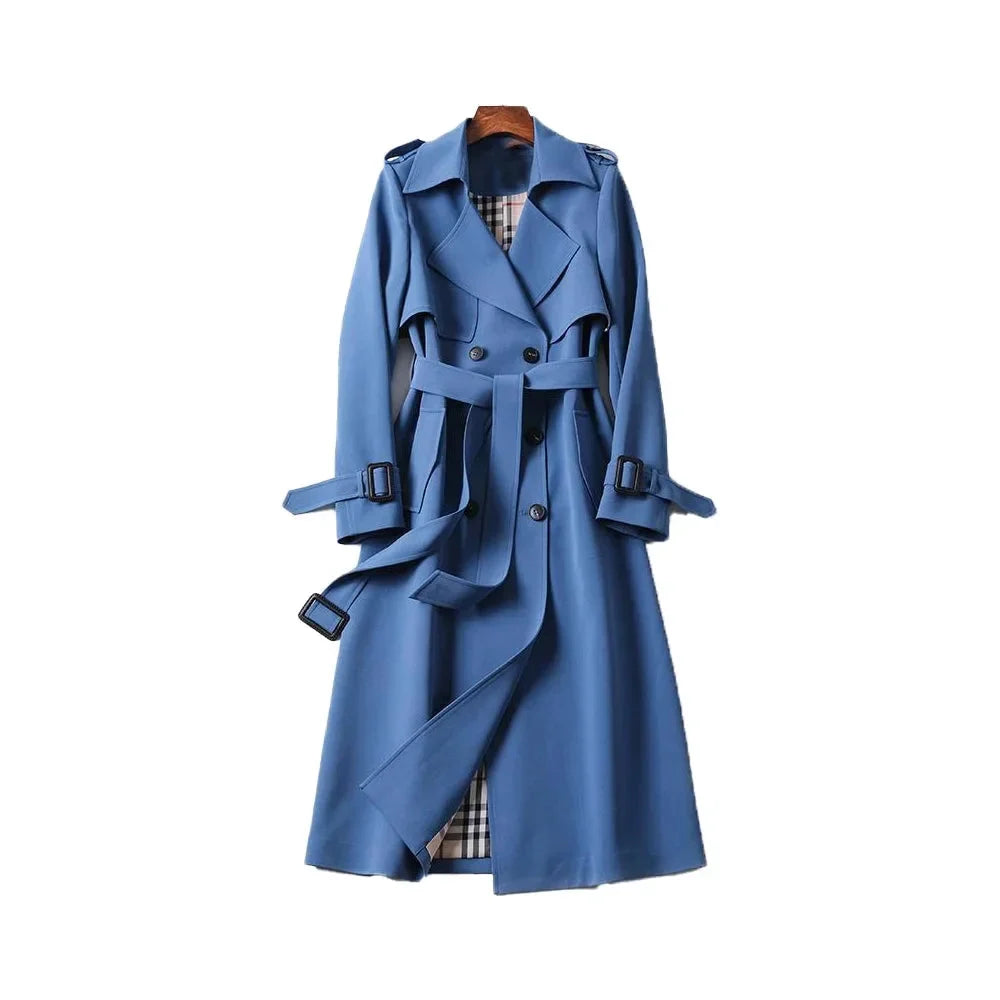 Women's Long Belted Trench Coat Lapel Classic Elegant