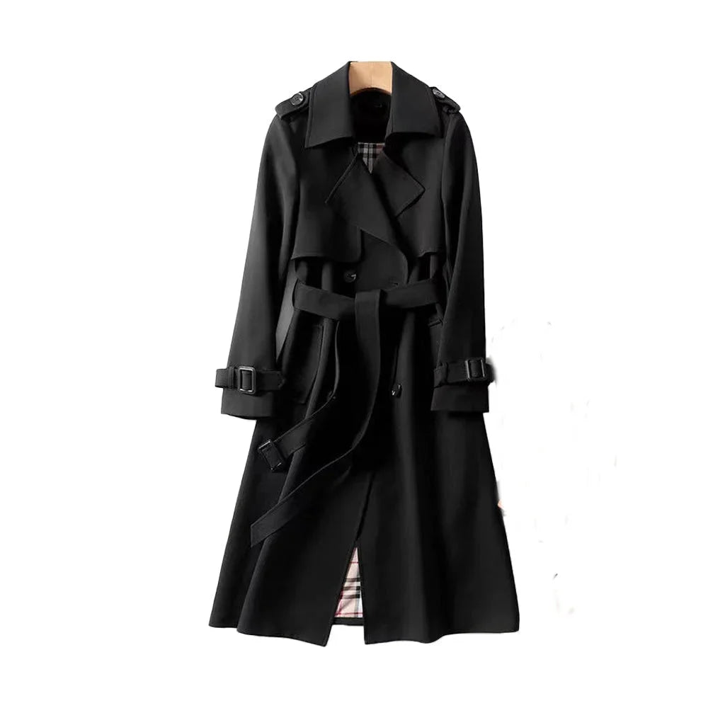 Women's Long Belted Trench Coat Lapel Classic Elegant