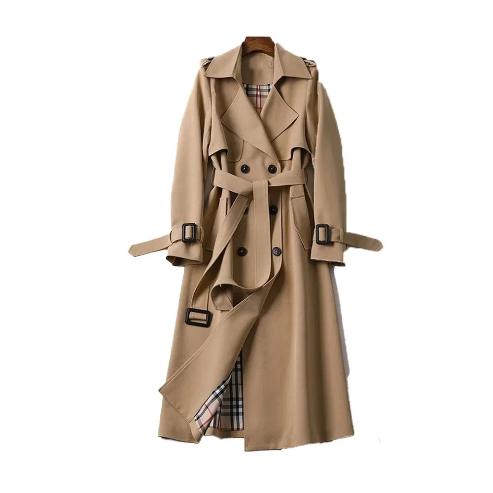 Women's Long Belted Trench Coat Lapel Classic Elegant
