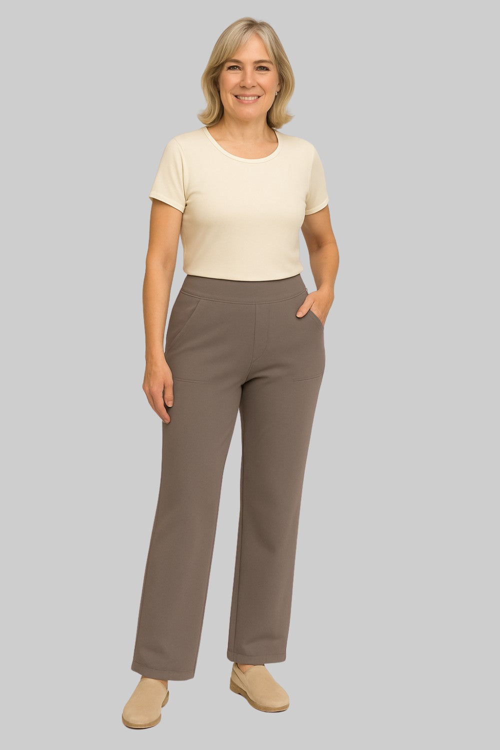 Pantalón de vestir de pernera recta para mujer, tejido de punto suave y cintura elástica