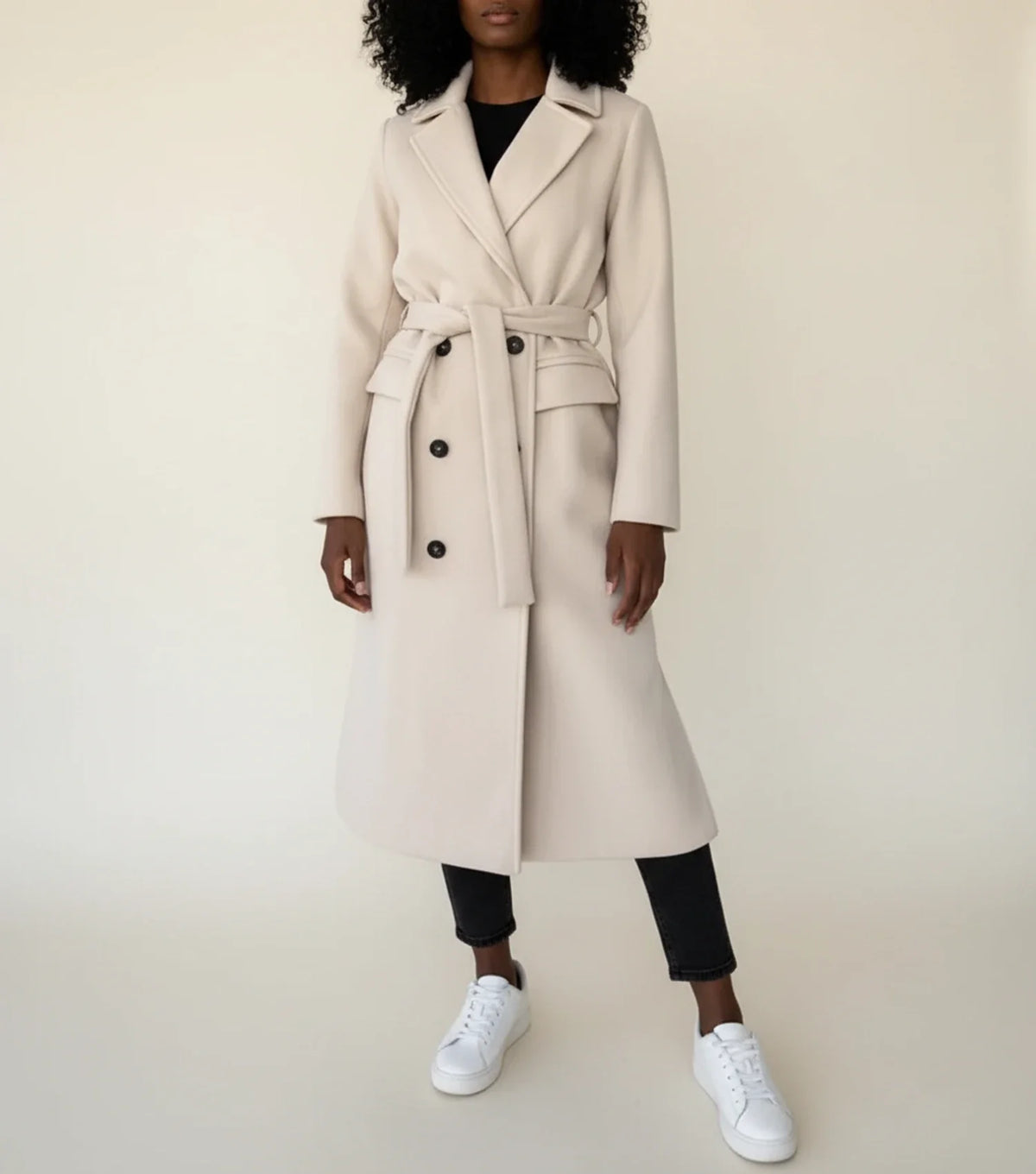 Women's Belted Midi Overcoat Double-Breasted Notch Lapel
