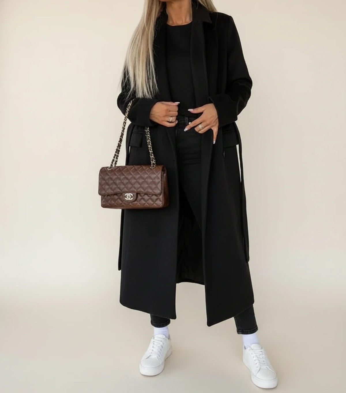 Women's Belted Midi Overcoat Double-Breasted Notch Lapel