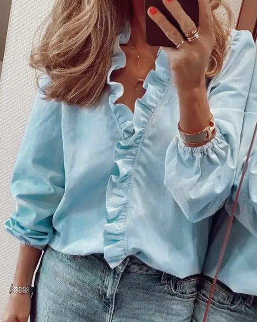 Blusa de volantes para mujer, escote en V, manga larga y puños elásticos