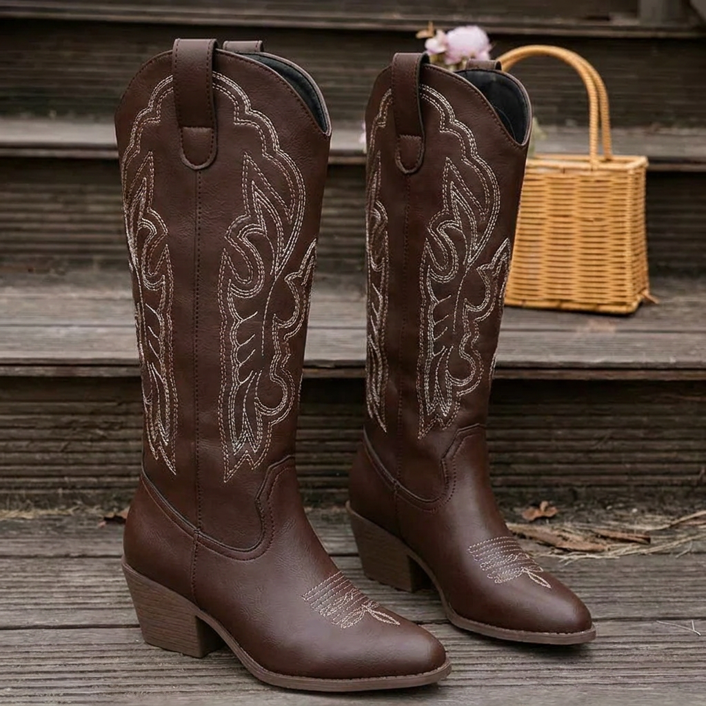 Botas vaqueras de mujer bordadas, hasta la rodilla, con tacón grueso