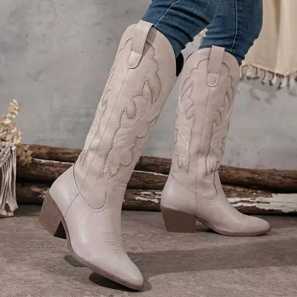 Botas vaqueras de mujer bordadas, hasta la rodilla, con tacón grueso